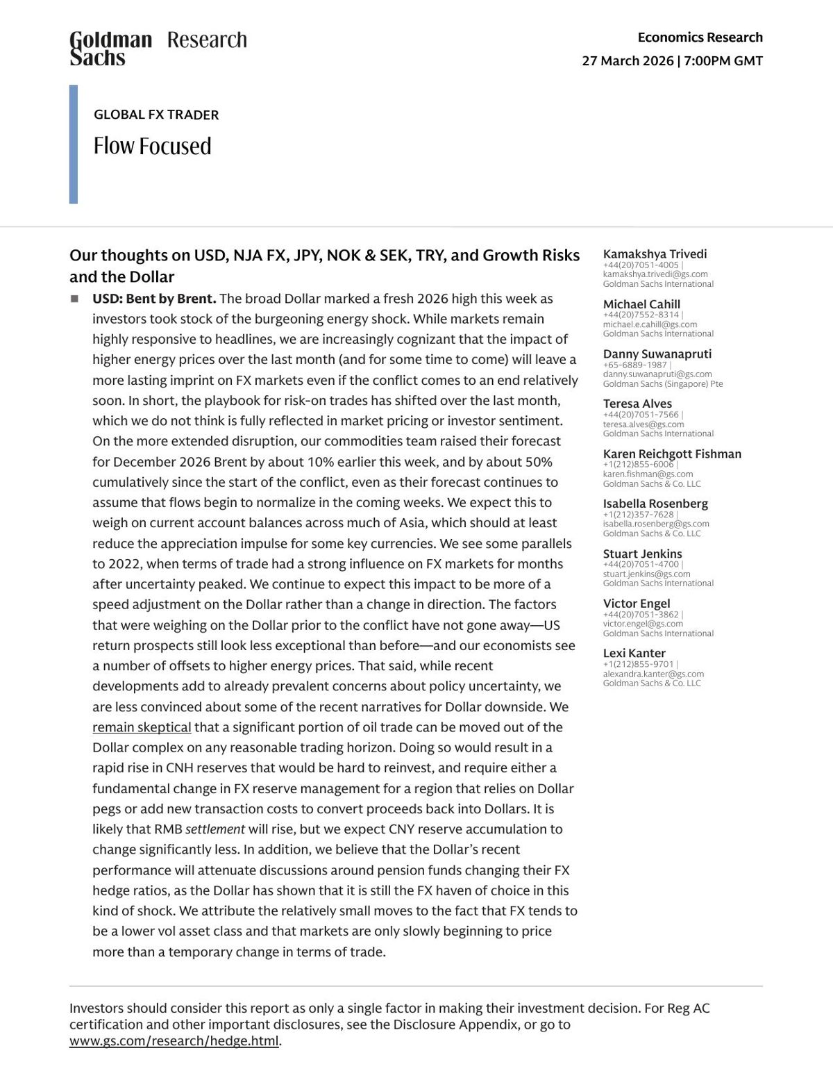 Goldman Sachs Global FX Trader institutional research — first page