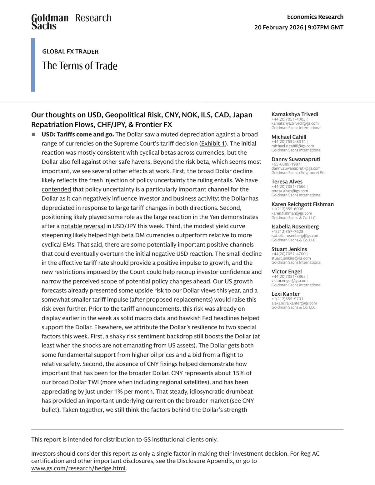 Goldman Sachs Global FX Trader institutional research — first page